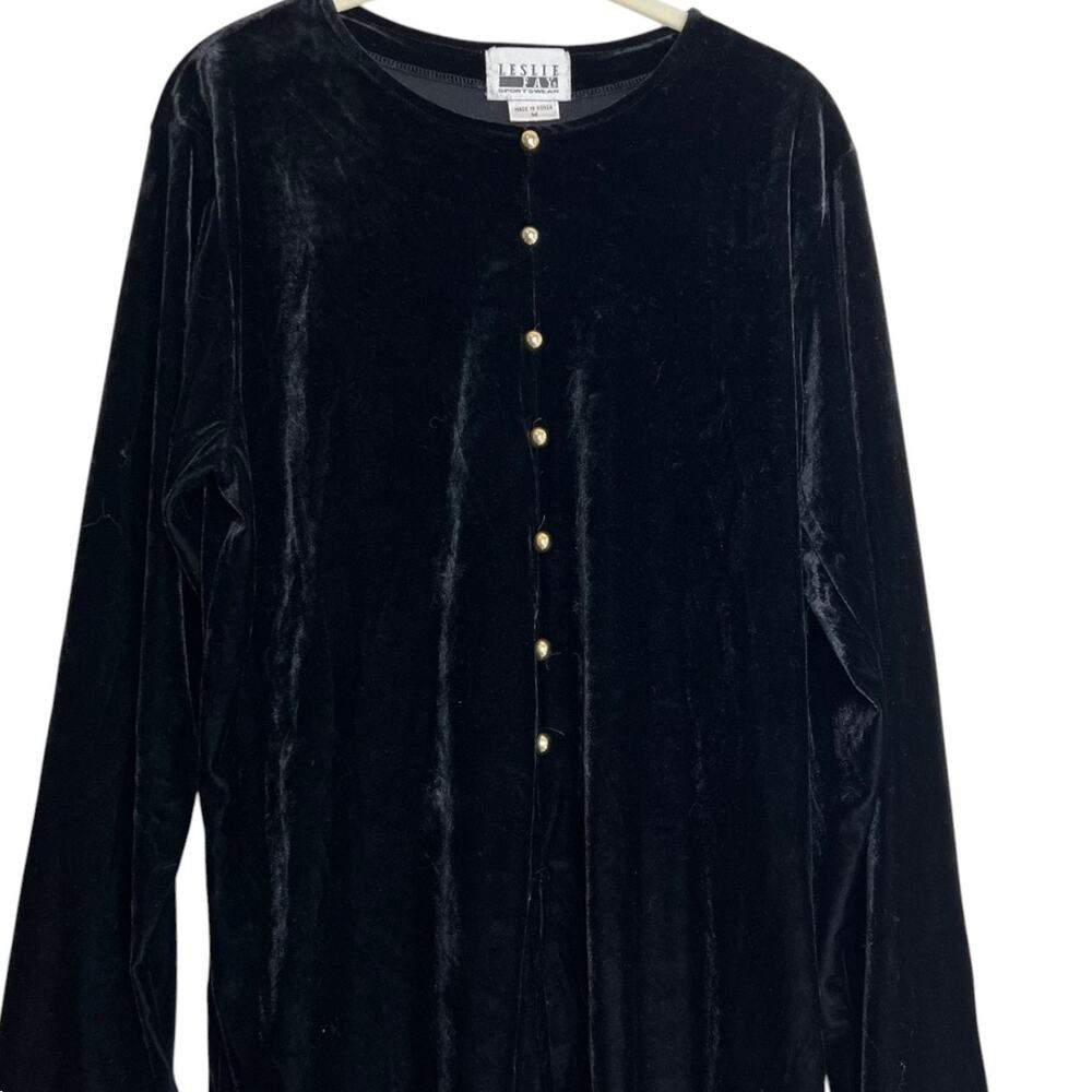Vintage Leslie Fay Sportswear Womens Velvet Tunic Medium Black Button Front